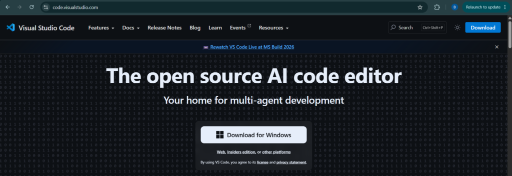 VS Code official download page for Windows 2026