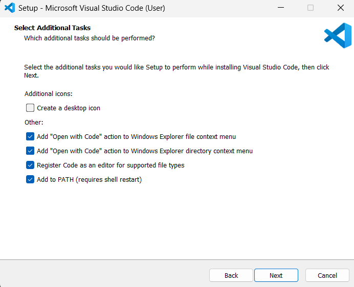 VS Code installer additional tasks screen showing checkboxes for Windows setup
